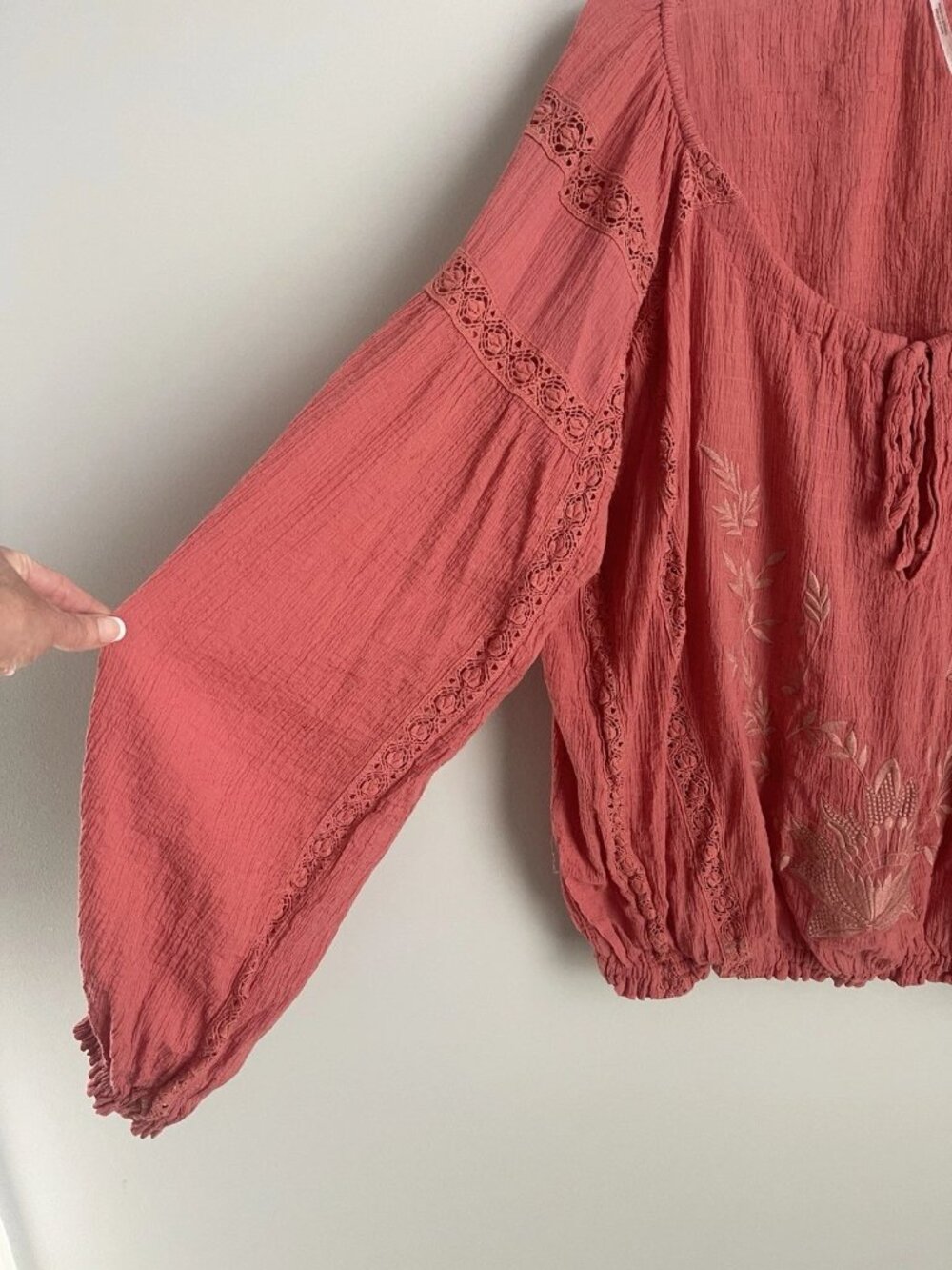 Free People Maria Maria Embroidered Athena Terracotta Gauze Blouson Sleeve - Picture 5 of 8